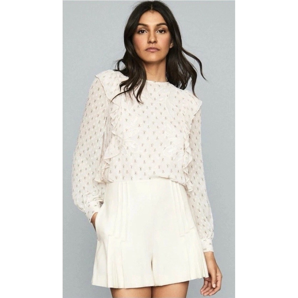 NEW REISS Alice top size 4 long‎ sleeve floral print ruffle detail Career Dainty